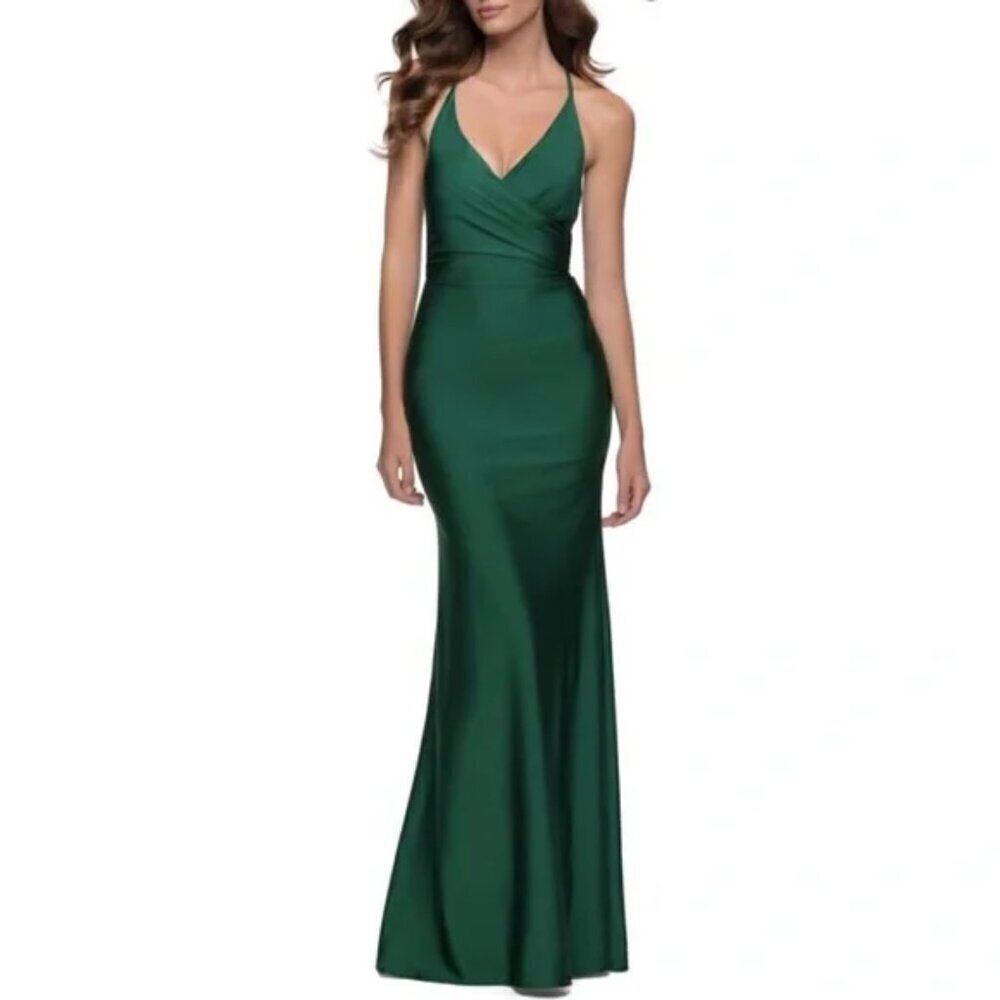 La Femme 29848 Faux Wrap Strappy Criss Cross Open Back Gown in Emerald Sz. 0 - Picture 2 of 12